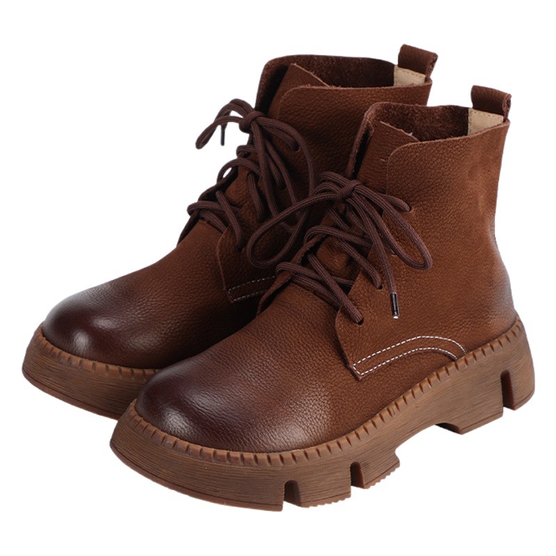 Handmade Genuine Leather Boots for Women in Autumn and Winter New Thick-Soled Small Women's Boots Lace-Up Ins Trendyy British Style Short Boots