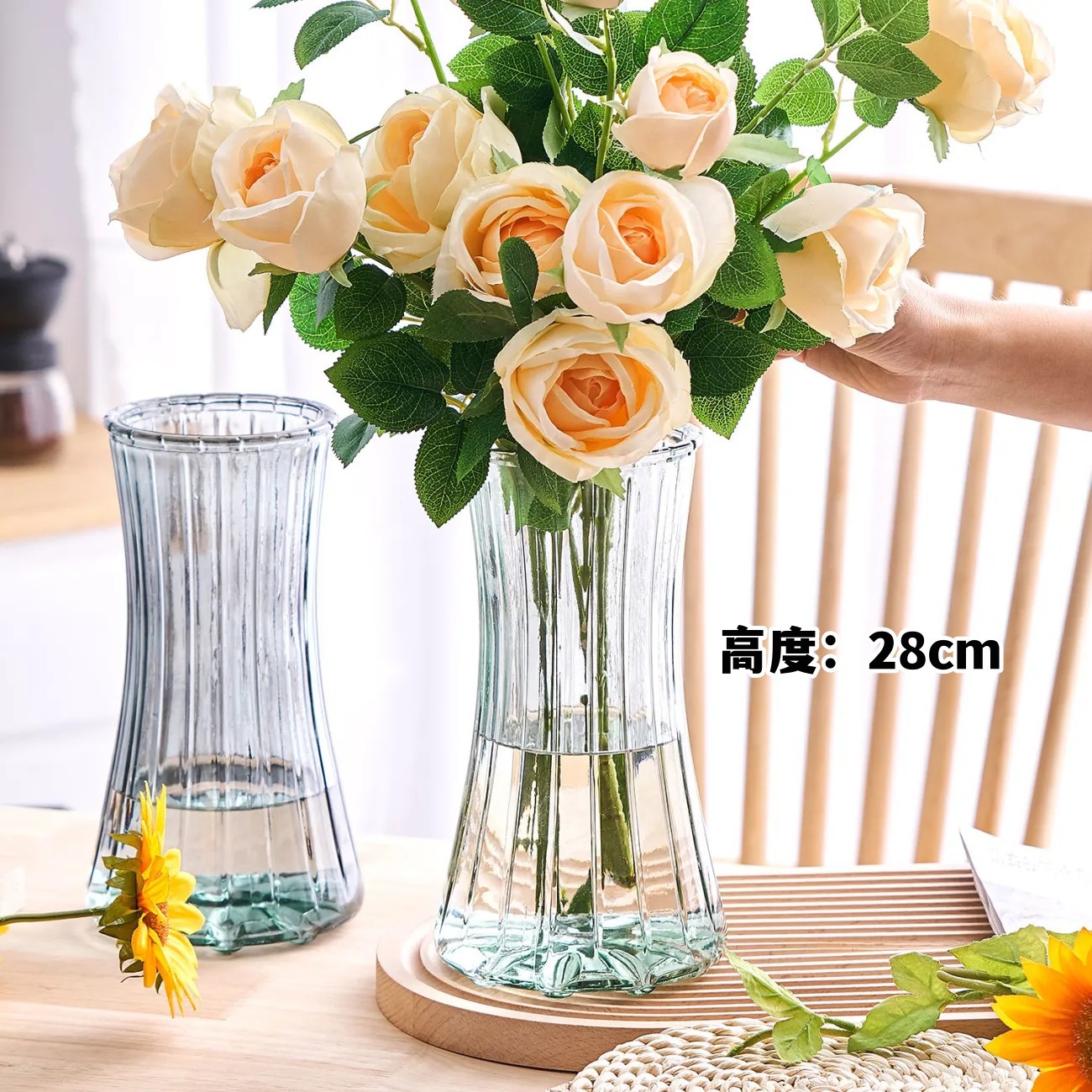 Jarrón transparente de estilo escandinavo de alta gama, de vidrio, con cultivo de agua, rico arreglo floral de lirios de bambú, decoración de escritorio.