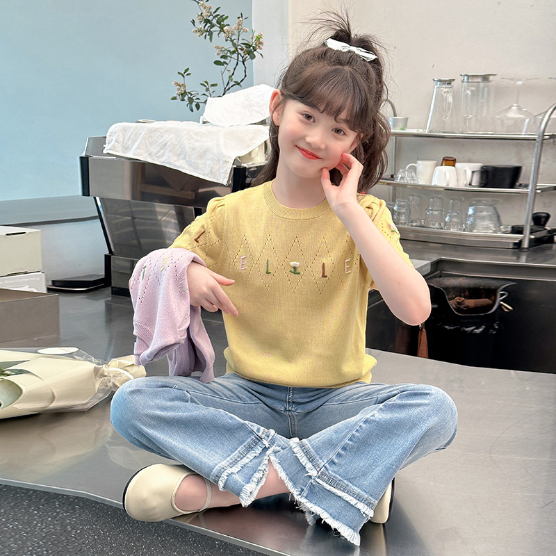 Girls' Knitted Short-Sleeve Round Neck T-Shirt, 2025 New Korean Style, Loose Fit, Stylish, High-End, Intricate Hollow-Out Design