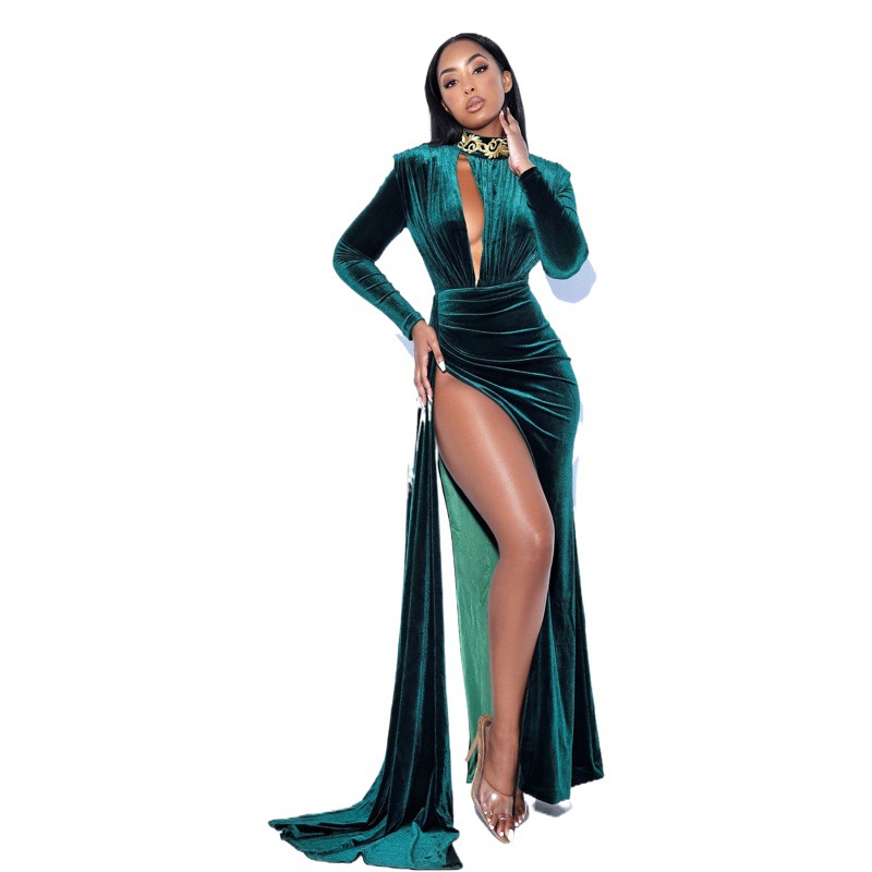 2021 Otoño e Invierno Comercio exterior nuevo eBay Amazon transfronterizo europeo y americano mujeres coreano terciopelo cuello alto sexy vestido de noche