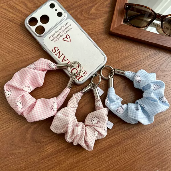 Cute plaid cat phone strap, cartoon print fabric, metal buckle, phone chain, bag charm, wholesale