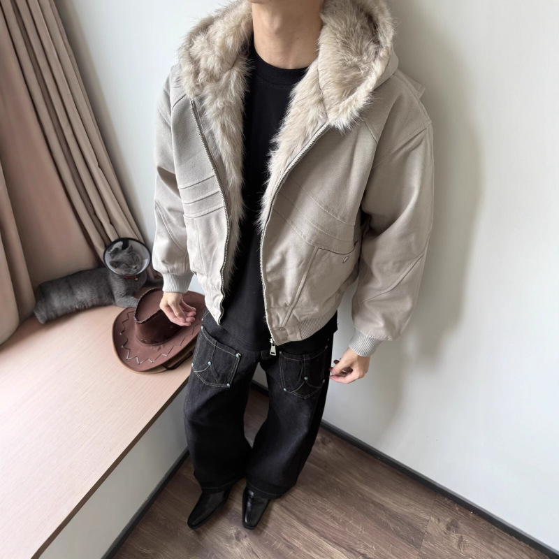American-Style Boxy Pure Deconstructed Hooded Cotton Jacket for Men in Winter, Stylish Faux Rabbit Fur Fleece-Lined Warm Cotton Coat
