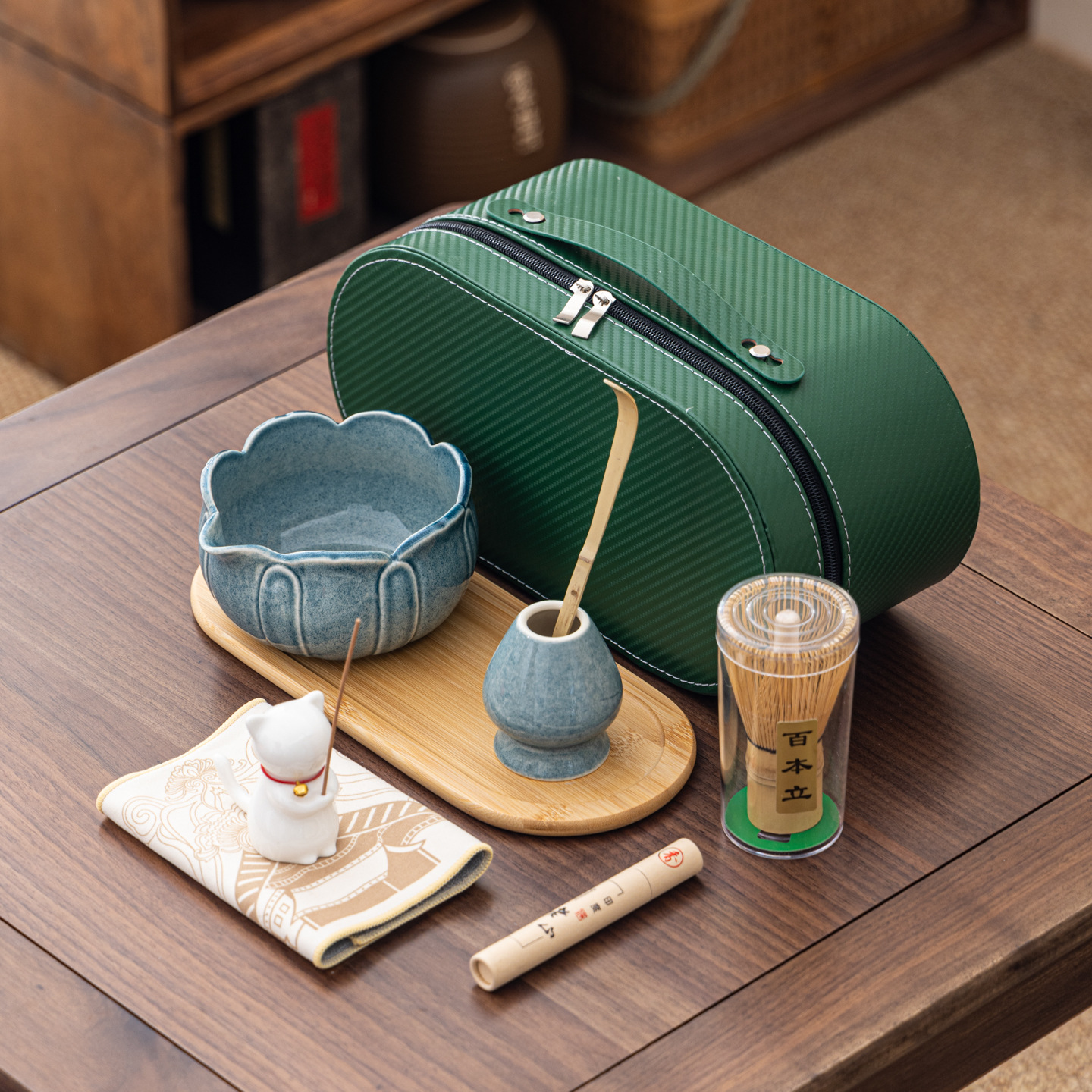 Cuenco de matcha corrugado caja de cuero set adorable gatito Xiangdao ocho piezas set punto té 100 tazas de té