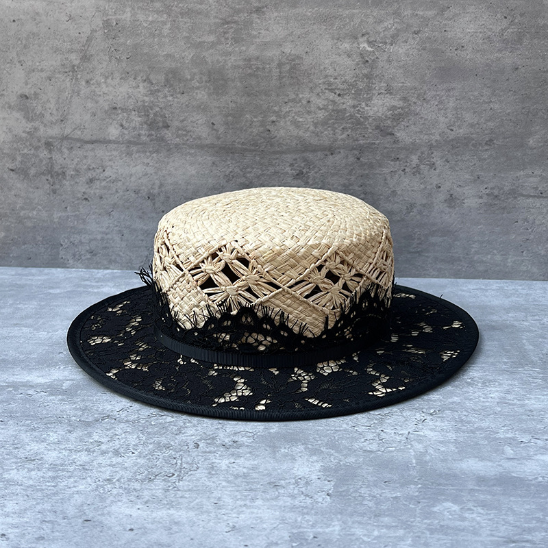 Hepburn Style Summer French-tyle Hand-woven Raffia Flat-top Women, Vintage Lace In Hepburn Tyle, Un Protection Traw Hat For_voghion.com