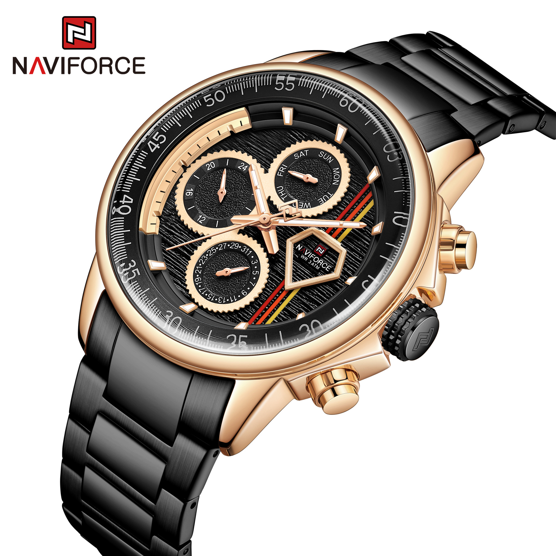 Relógio masculino casual de negócios de quartzo NAVIFORCE/Lingxiang 9184 com pulseira de aço e calendário de seis pinos_voghion.com