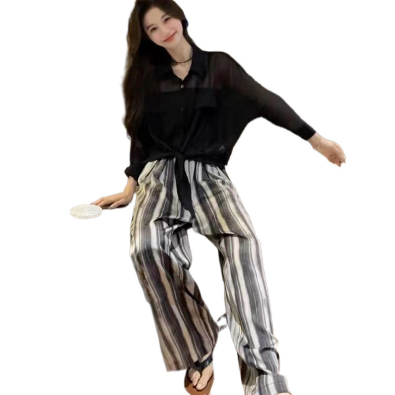 전국 스타일 유행 면 실크 파자마 바지 여성 여름 가을 면 실크 인공 면 얇은 넓은 다리 바지 외부 착용 가구 느슨한 에어컨 바지