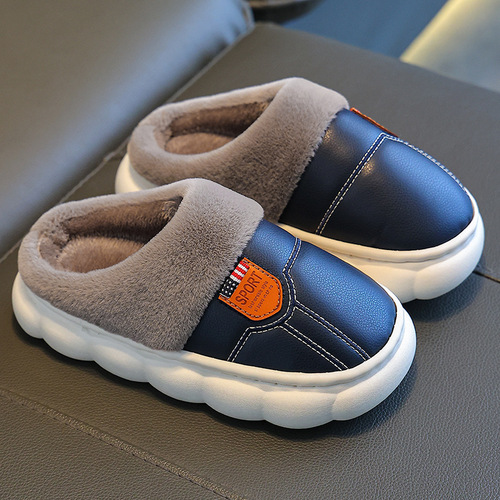 Children's Cotton Slippers PU Waterproof Soft Sole Anti-Slip Fleece Thickening Parent-Child Adult Couple Home Winter Warmth