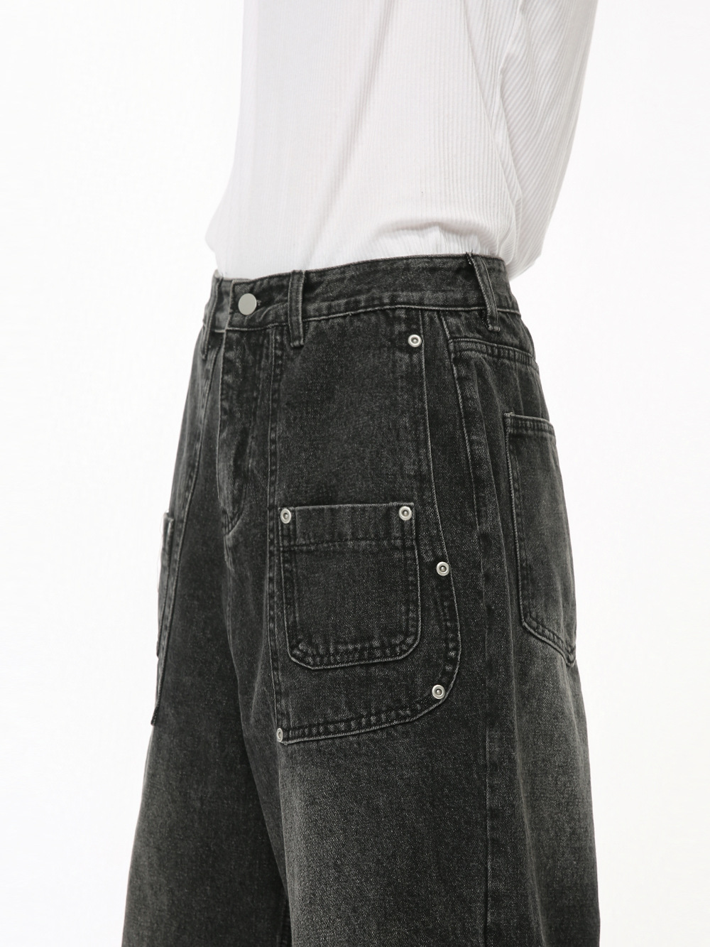 MTLCLOTHES Hombres| Otoño nicho bolsillo de empalme callejera alta recta pantalones de pierna ancha lavado con agua jeans sueltos