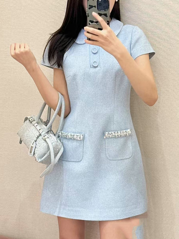 ニッチデザインドールカラースリムポロスカート新鮮な年齢軽減スパンコールラインストーン刺繍半袖ドレス女性夏|undefined