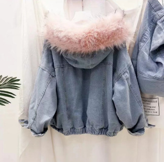 Giacca di jeans da donna con collo in peluche corta invernale_voghion.com