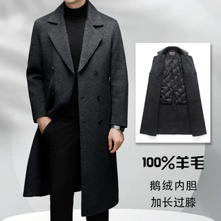 2025秋冬100%羊毛大衣男士高端过膝长款双面呢鹅绒内胆可拆羊毛大