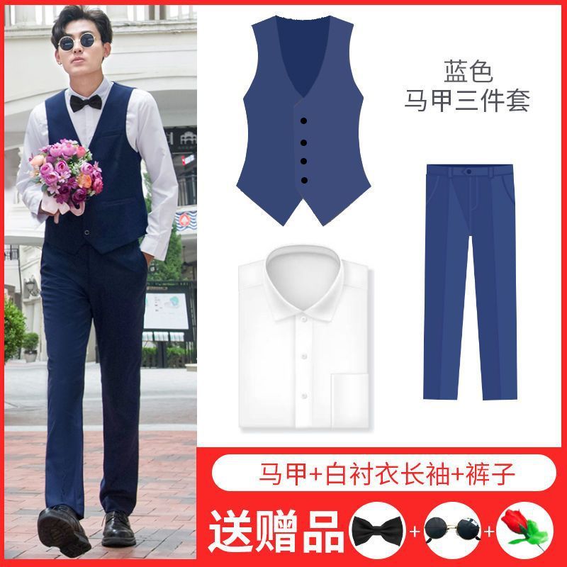 連れ合い服男兄弟団装夏シャツズボン新郎結婚ドレス馬甲三点セットスーツセット|undefined