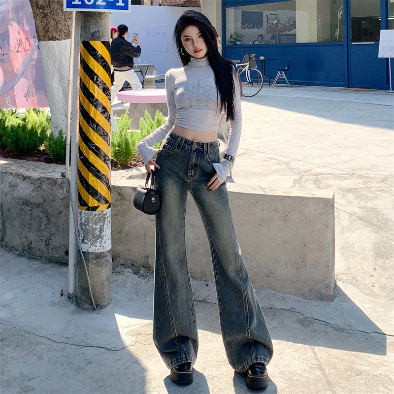 High Waist Wide Leg Jeans Women's Spring and Autumn New Loose Straight Design Sense Rivet Retro No-Leg Micro Flared Pants