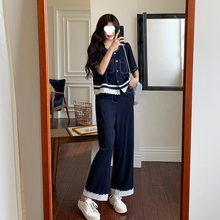 Q1E Large Size Summer Cool Denim Suit for Fat Girls, Slimming Look Short-Sleeved Tops, Wide-Leg Pants, Elegant Two-Piece Set