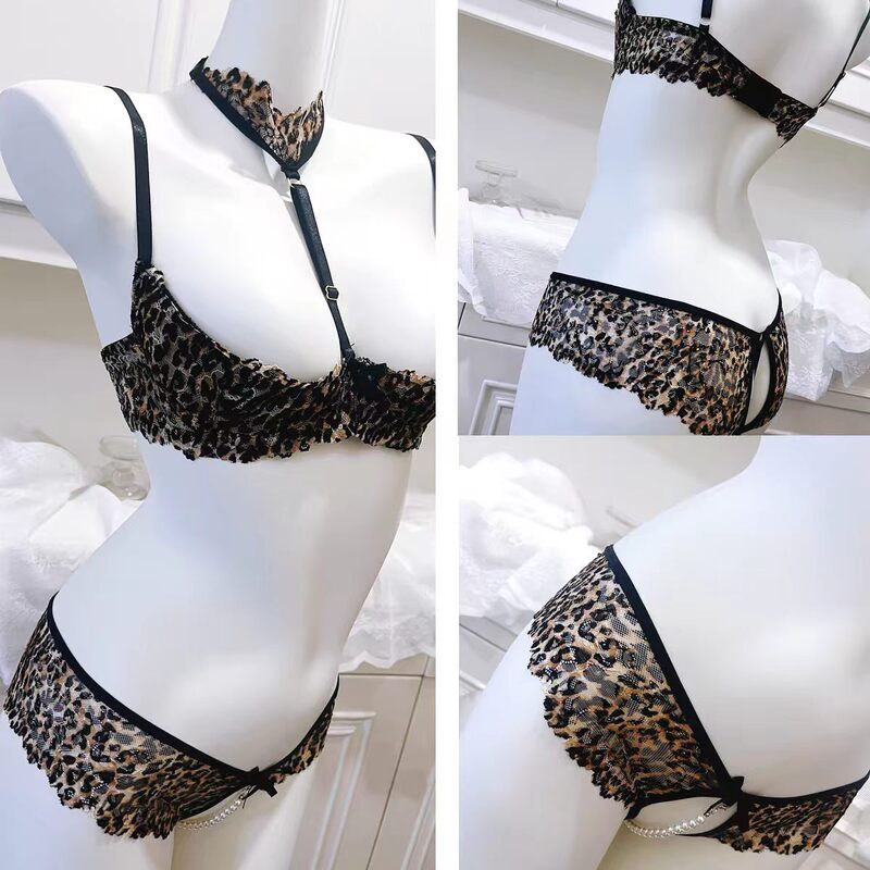 Leopard print halter neck lingerie for women with small busts, with padded bra and three-point design, no need to remove, open crotch pants, sexy set