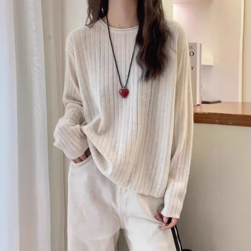 韩版温柔百搭宽松100羊毛衫提花女秋冬新款羊绒修身显瘦长袖上衣|undefined