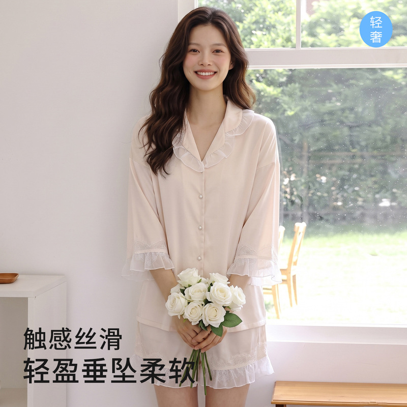 Doll Collar Pajamas for Women, New Summer Style, Ice Silk Short-Sleeved Two-Piece Set, Solid Color Satin Thin Lace Home Wear Set