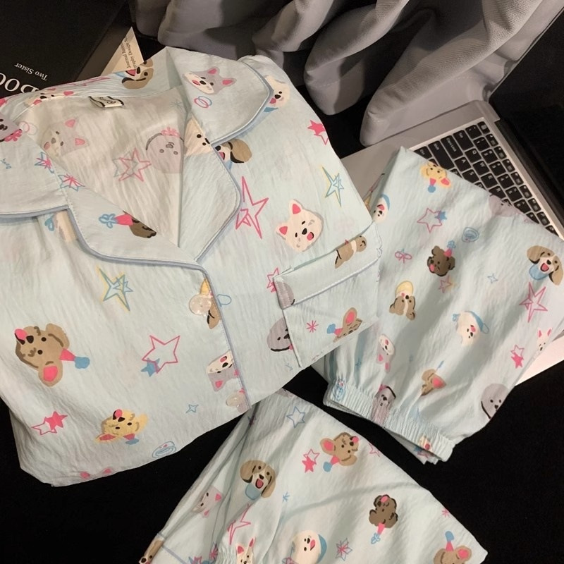 Cute Star Puppy Pajamas for Women Summer Pure Cotton Gauze Short-Sleeved Thin Three-Piece Suit Student Large Size Home Clothes