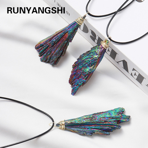 Wholesale natural black tourmaline tourmaline electroplated blue peacock feather pendant colorful crystal cluster jewelry free chain