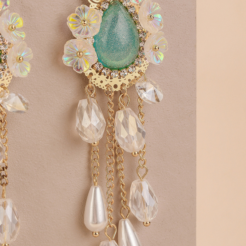 retro rhinestone flower crystal pearl tassel earrings wholesale Nihaojewelrypicture5