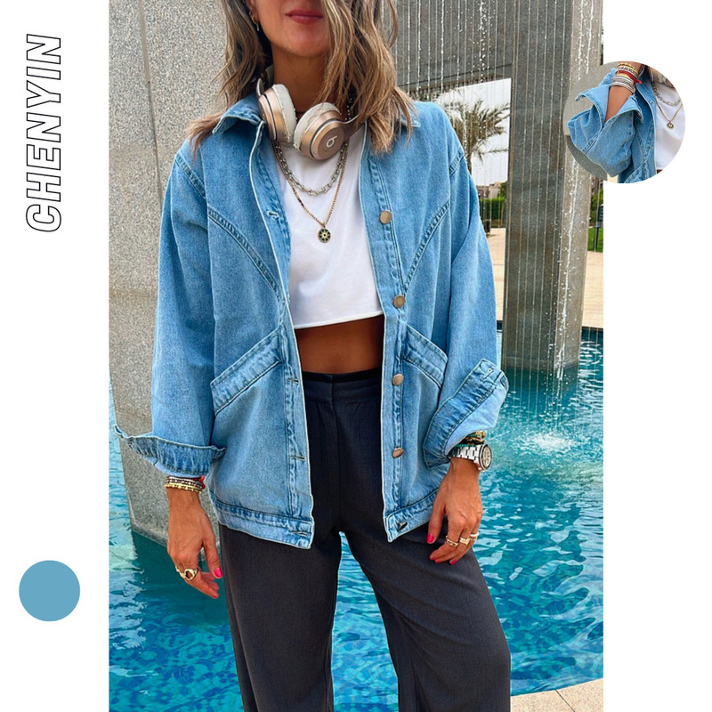 ins European and American women's autumn and winter coat washed denim cotton loose retro water blue lapel double pocket jacket