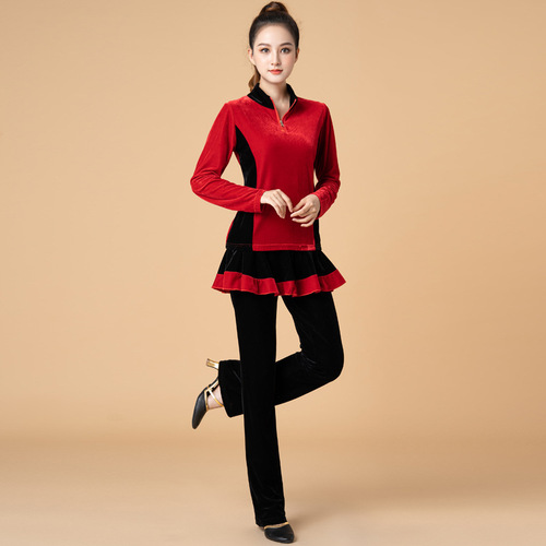 Luoshen square dance costume gold velvet suit autumn and winter new splicing sports fitness thickened dance suit skirt pants for women