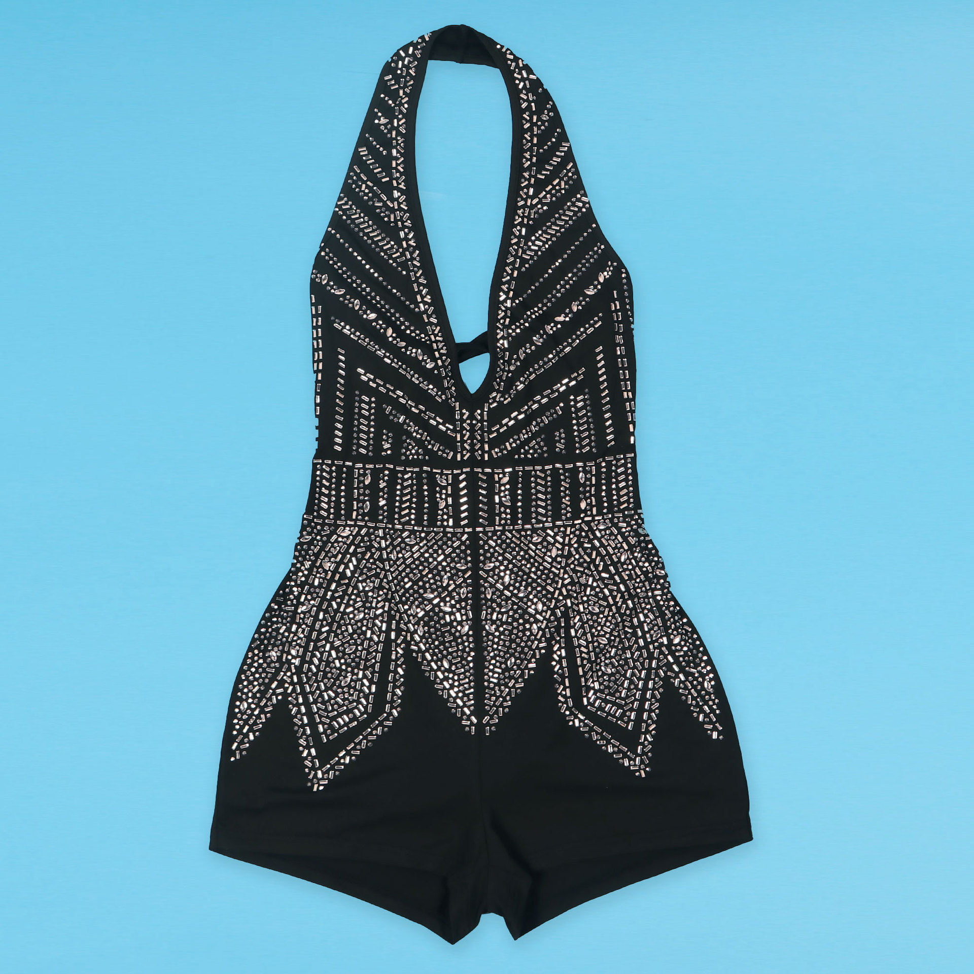 Women's Clothing hot diamond deep V backless strap halter neck jumpsuit shorts_voghion.com