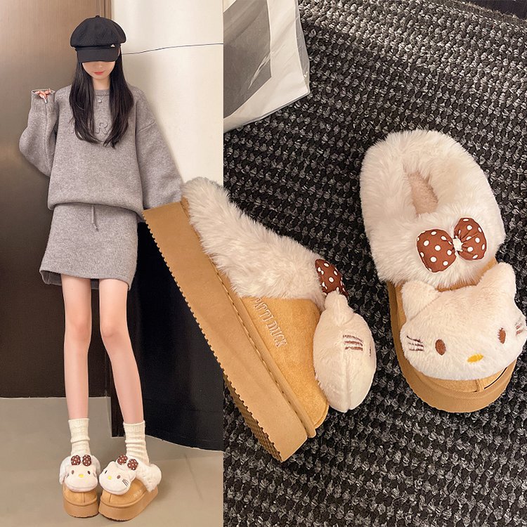 Women's Snow Boots 2025 Winter Retro Fun Cartoon Thick-Soled Petite Plush Bread Cotton Shoes Northeast Warm Non-Slip Cotton Slippers