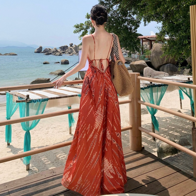 Orange-Red Vintage Tie-Dye V-Neck Backless Neck Vacation Style dress Beautiful Super Beautiful Seaside Beach Long Dress