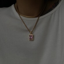 现货工厂批发欧美跨境个性ins小众欧美粉色方形锆石镶钻麻花项链