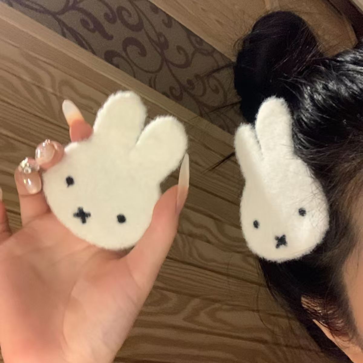 Cute plush rabbit Miffy knitted magic tape cartoon side fringe hair clip, front bangs clip, bridal hair accessory