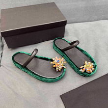 新款高定顶版真皮厚底夹脚拖鞋圆头露趾丝绒凉拖鞋串珠外穿松糕