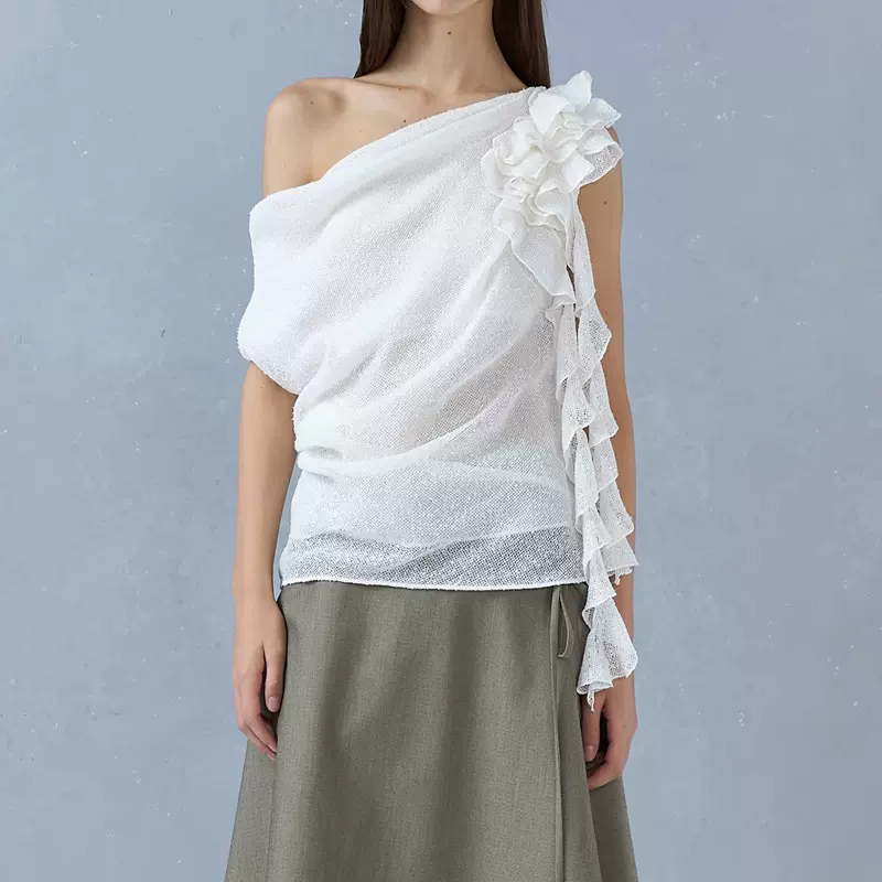 现货春夏新款 斜肩亚麻荷叶边无袖上衣白色吊带背心无袖修身弹力