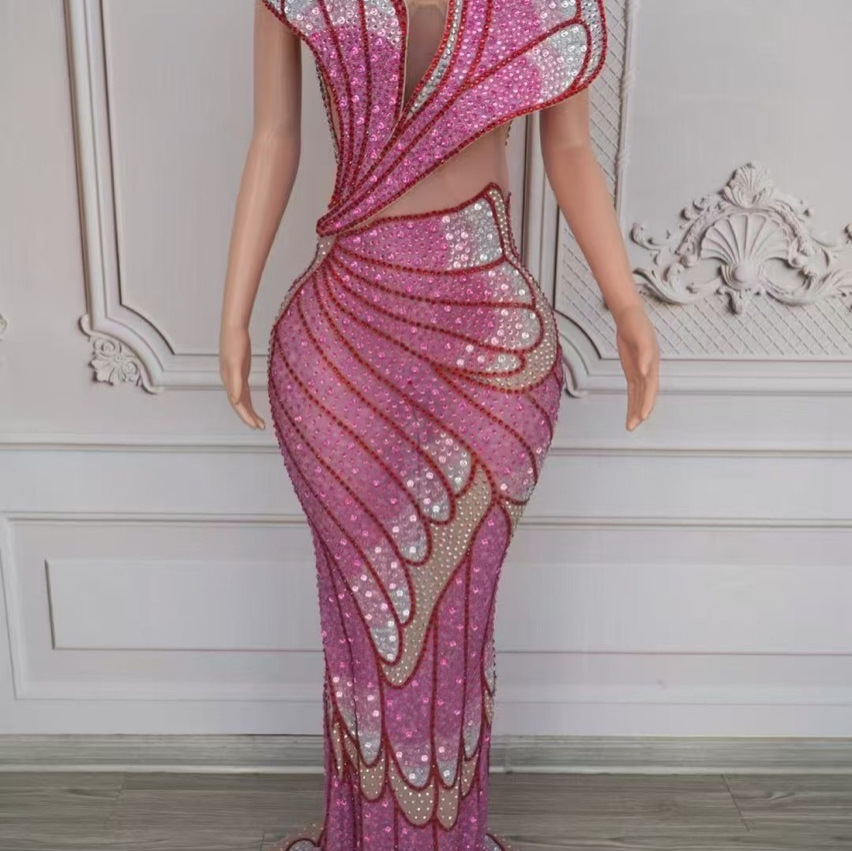 Cross-Border Diamond Dress Luxury Butterfly Dress Sexy Feather Sequin Fishtail Skirt Banquet Host Birthday Dress