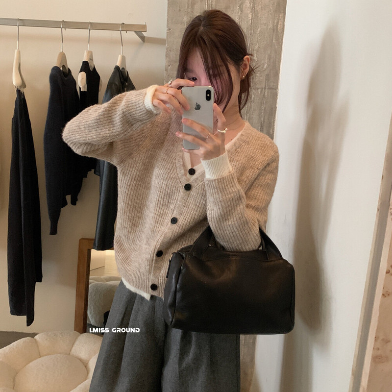 i miss撞色假两件针织开衫女2025秋季新款短款百搭显瘦毛衣外套|undefined