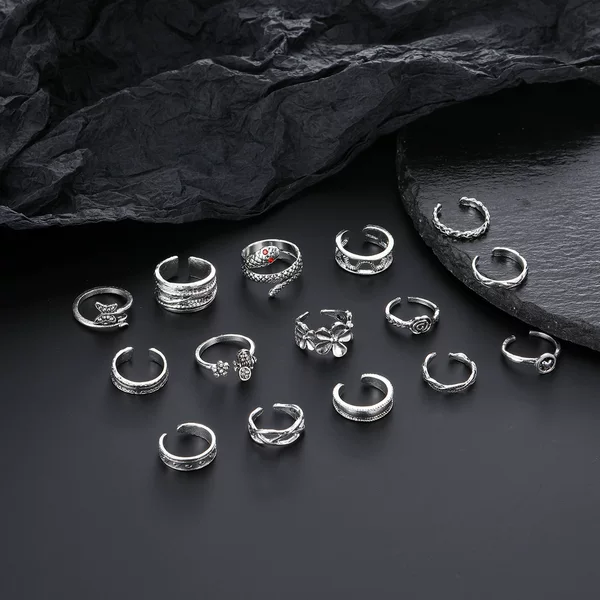 Cross-border new foot ring foot decoration personality retro snake butterfly bee flower opening 15 pieces set foot ring wholesale