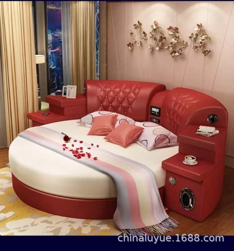 欧式网红圆床双人皮床婚床现代简约软体床多功能音响床主卧情趣床