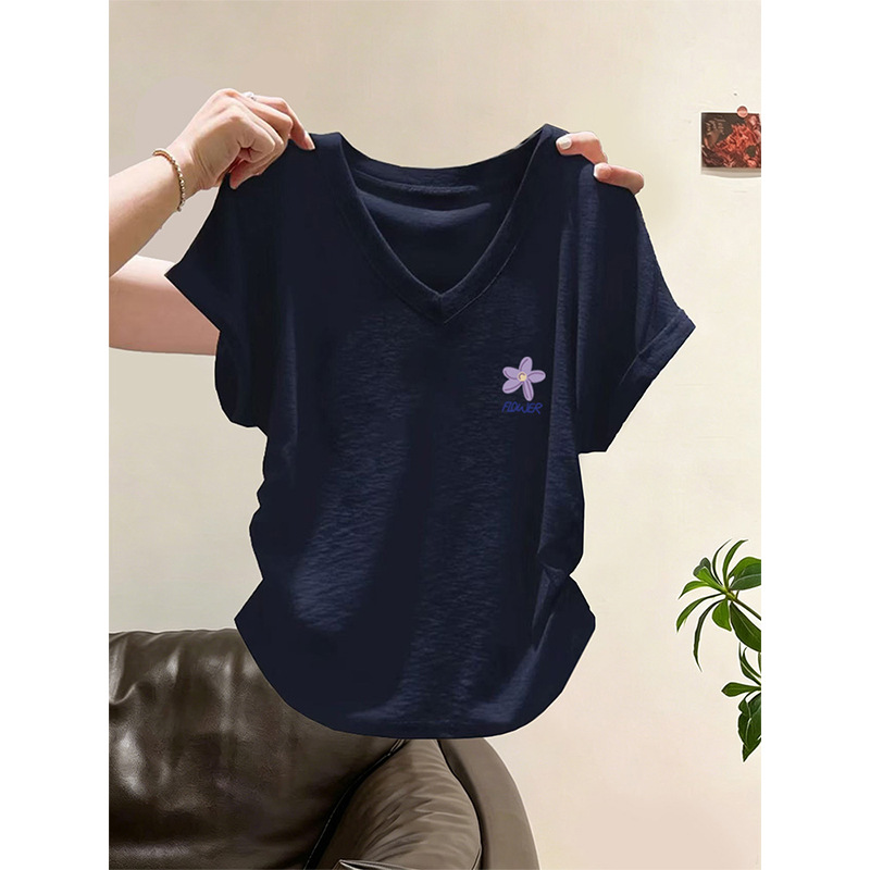 V-Neck Waist-Cinching Short-Sleeve High-End Design Pure Cotton Short-Sleeve T-Shirt for Women, Slim Fit, Age-Reducing Top, Summer 2026