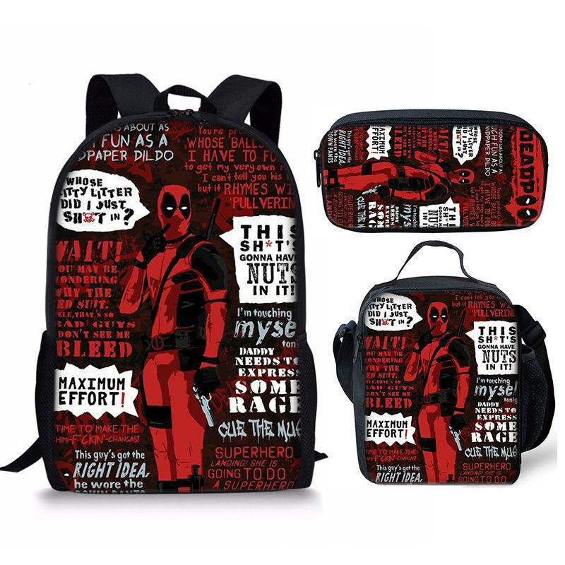 Nuevo deadpool Deadpool paquete de comida de tres piezas bolsa de lápices estudiante mochila de bebé Amazon lindo todo fósforo portátil
