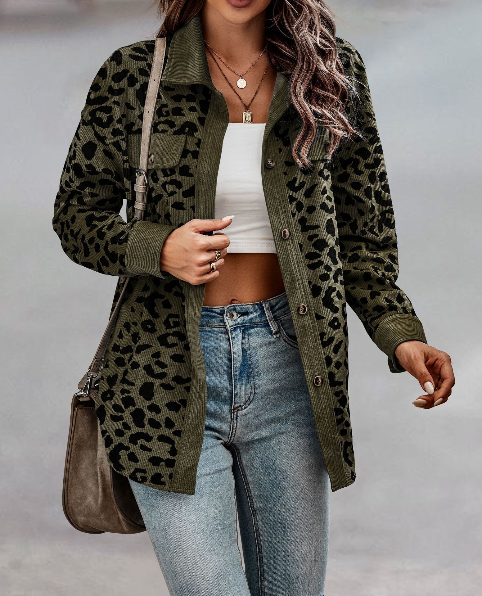 Autumn And Winter Leopard Print Button-Down Long-Sleeved Jacket Jacket Women's Corduroy Versatile Style_ecoleips.com