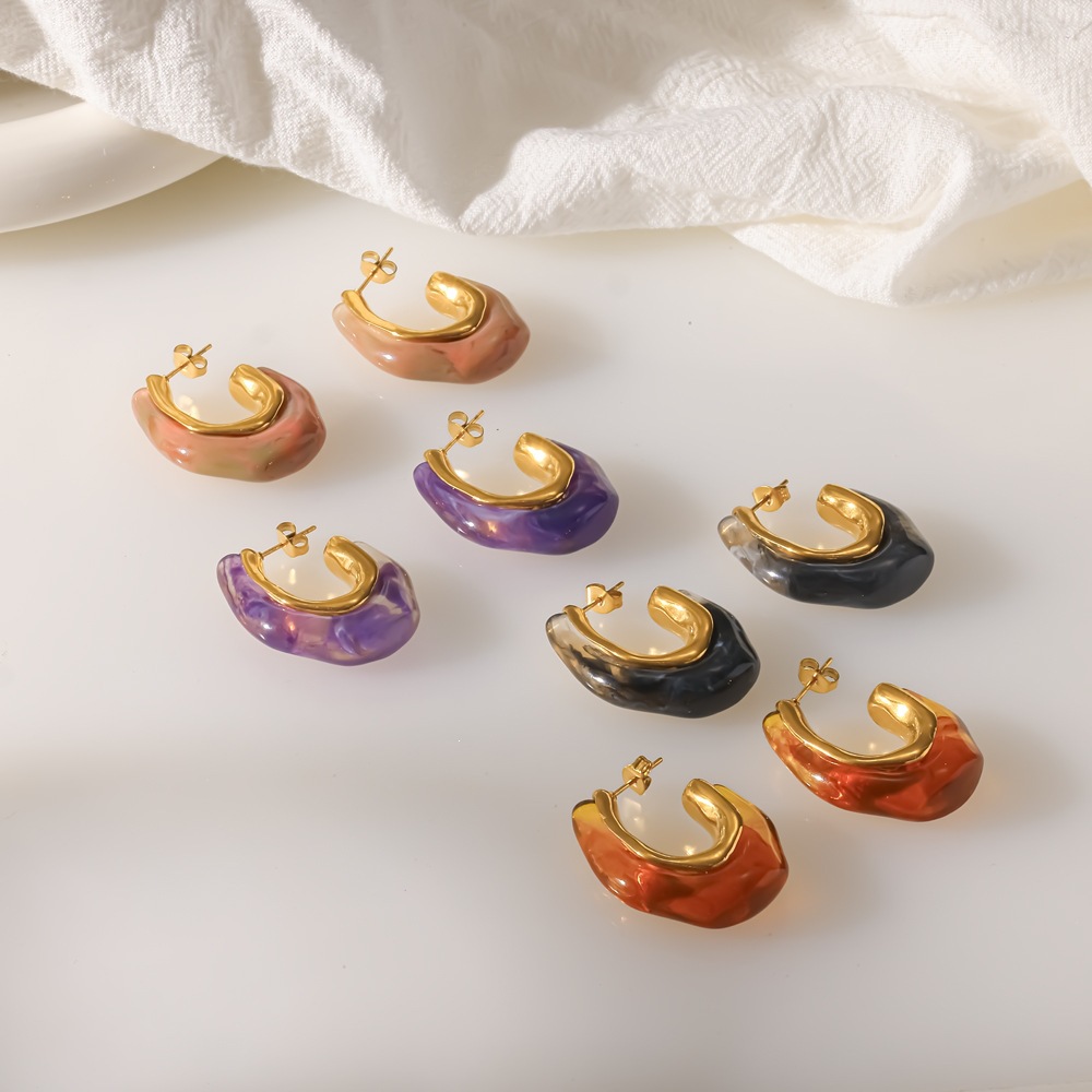 Cross-border vintage-style resin earrings for women, light luxury high-end feel, circular 18k gold stainless steel earrings