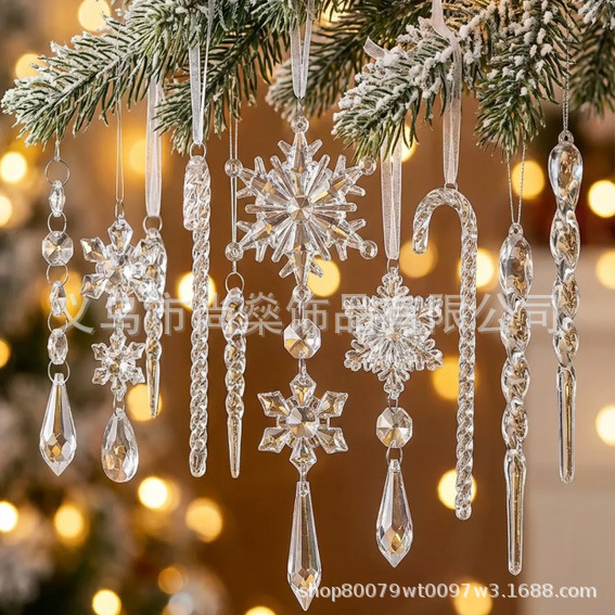 Cross-Border 20-Piece Christmas Crystal Snowflake Decoration Hanging Ornaments, Simulated Ice Spikes and Ice Strips Pendants for Christmas Venue Decoration