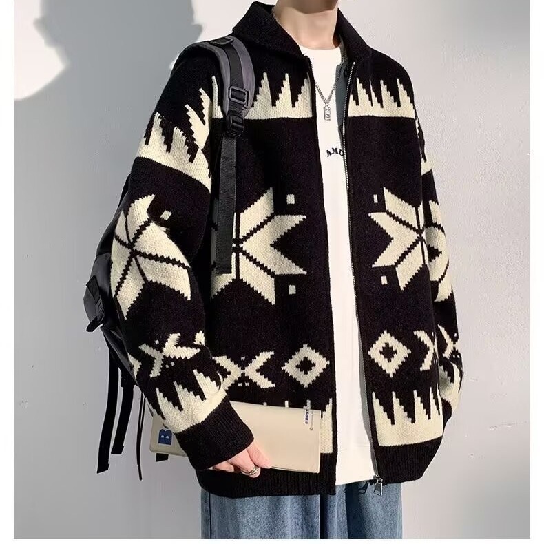 American Retro Knitted Sweater Jacket Men's Spring and Autumn Fashion Brand Street Jacquard Design Sense Loose Casual Cardigan Sweater