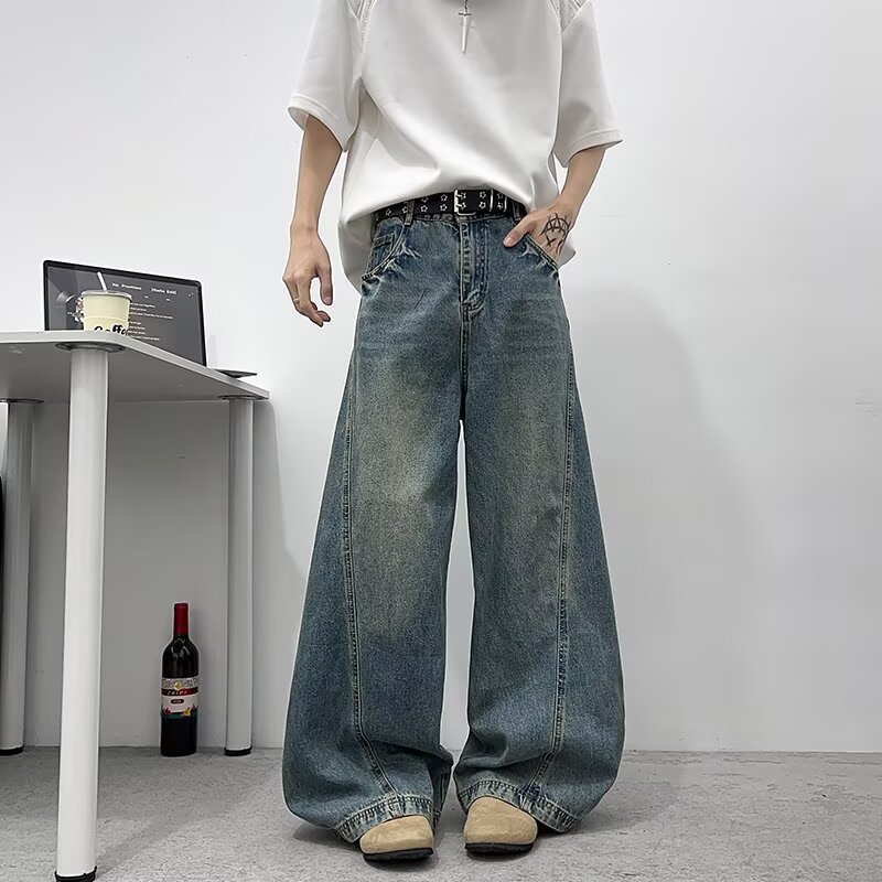 Unique Designer Silhouette Scimitar Pants Men's American Vintage Distressed Jeans Loose Slimming Casual Wide-Leg Pants