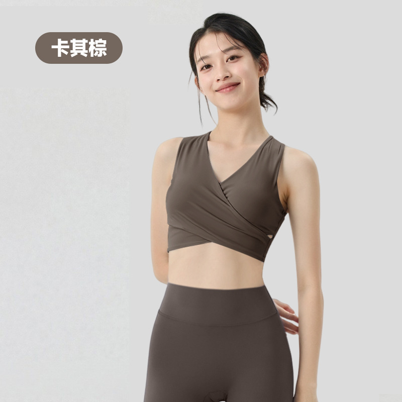 胸パッド付き女性用クロスボーダーホルターネックスポーツブラ、クロスストラップヨガトップ、万能ディープVバックノースリーブトップ|undefined