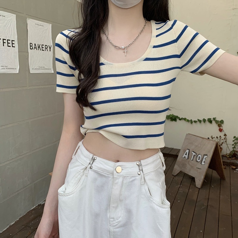 Knitted Stripesd Short-Sleeved T-Shirt for Women Ins Trbottomy Summer 2025 New Knitted Short Bottoming Shirt Slim Fit Clothes