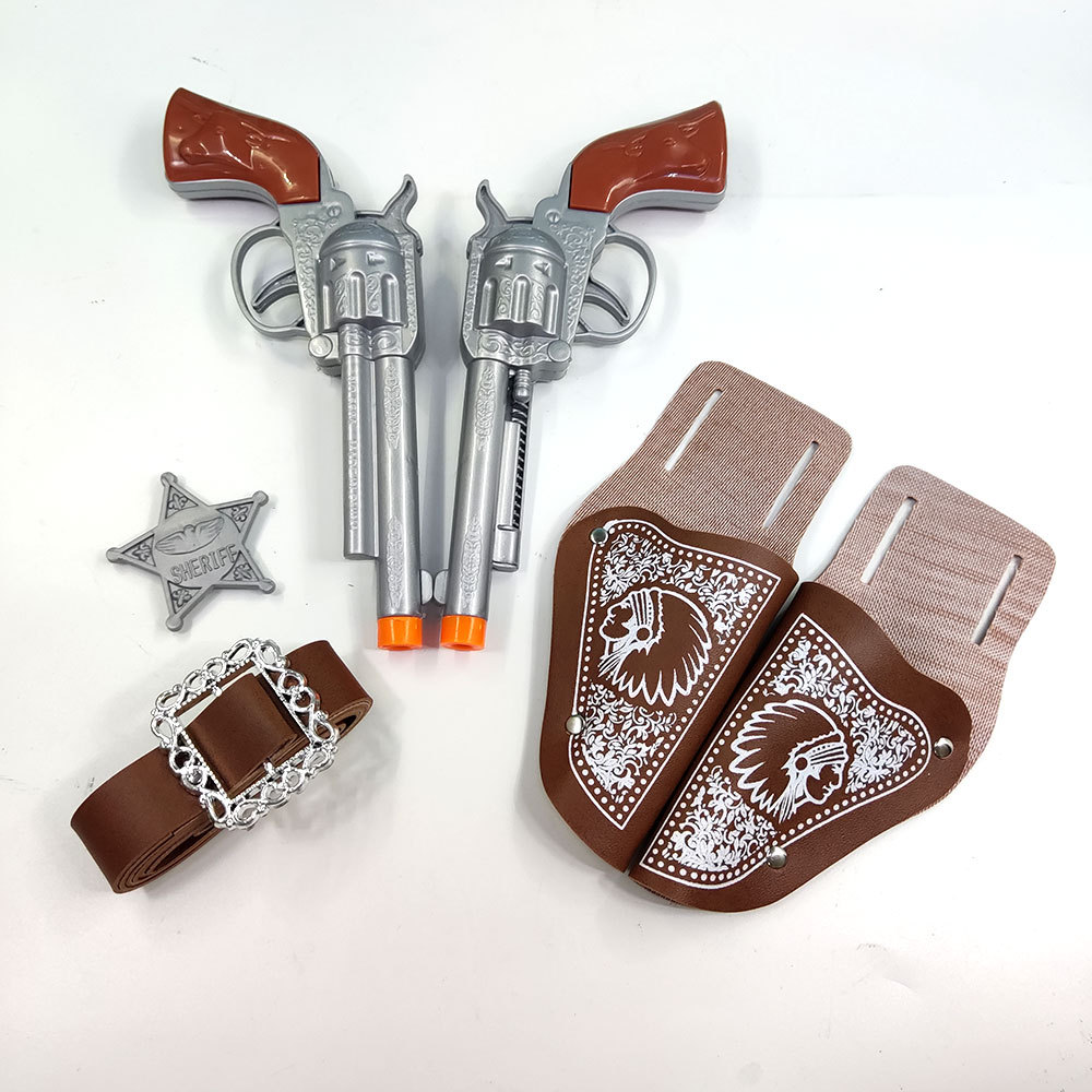 Pistola de juguete de rol para niños lanza doble vaquero, cinturón, insignia, pistola de vaquero