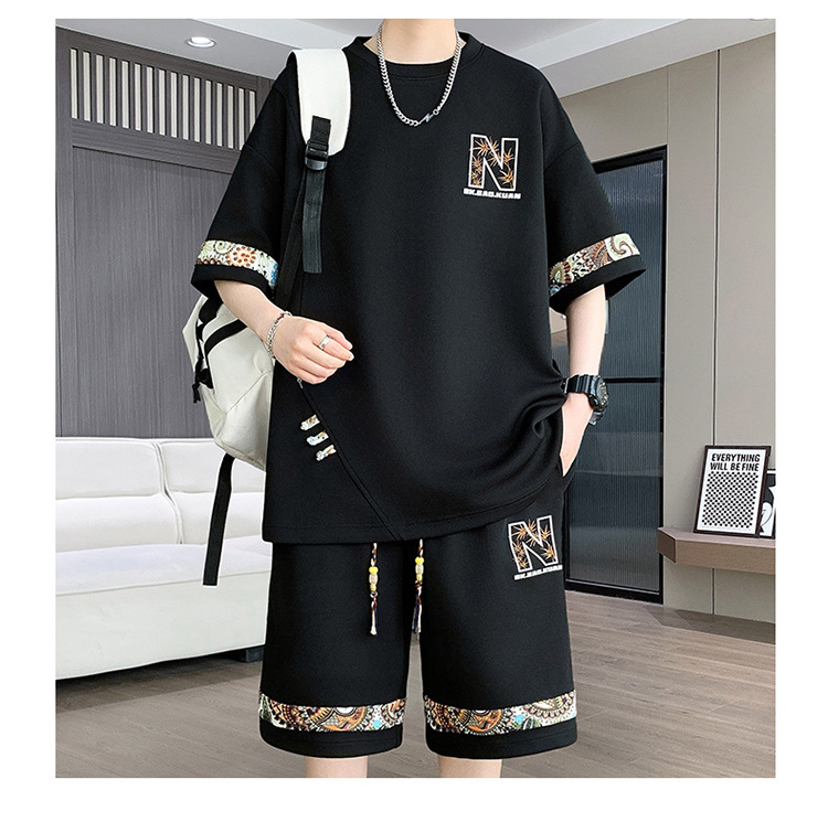 Men's Retro Embroidery Shorts Set - Fashionable Casual Short Sleeve And Shorts Outfit For Teens And Young Adults​_viptrois.com