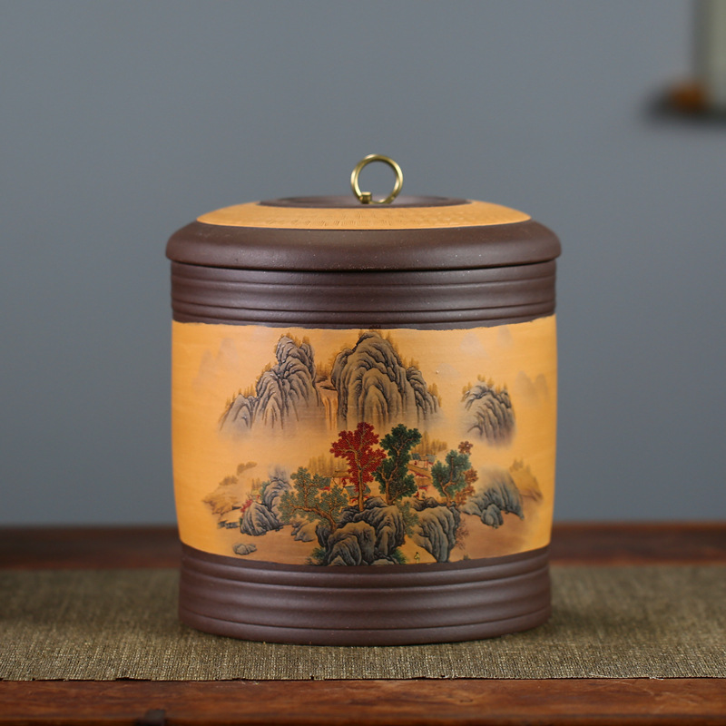 宜兴紫砂茶叶罐普洱紫砂缸茶盒茶叶桶七子饼罐存茶罐山水花鸟荷花