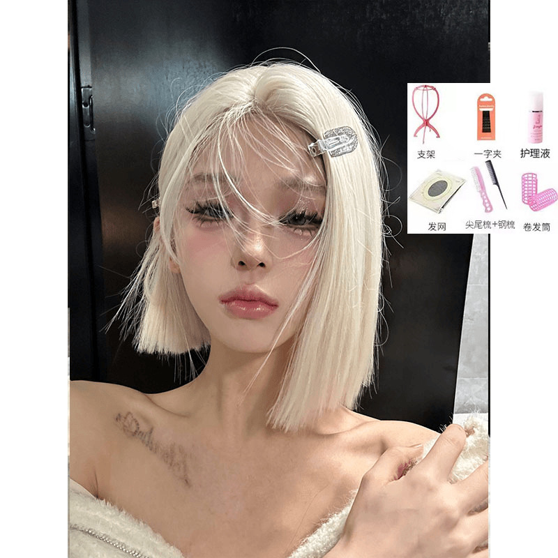 女性用ウィッグ、プラチナショートヘア、小さなレース、ワンサイズ、ヨーロッパとアメリカのホットガール、クールでスポーティな模擬気質ウィッグ|undefined